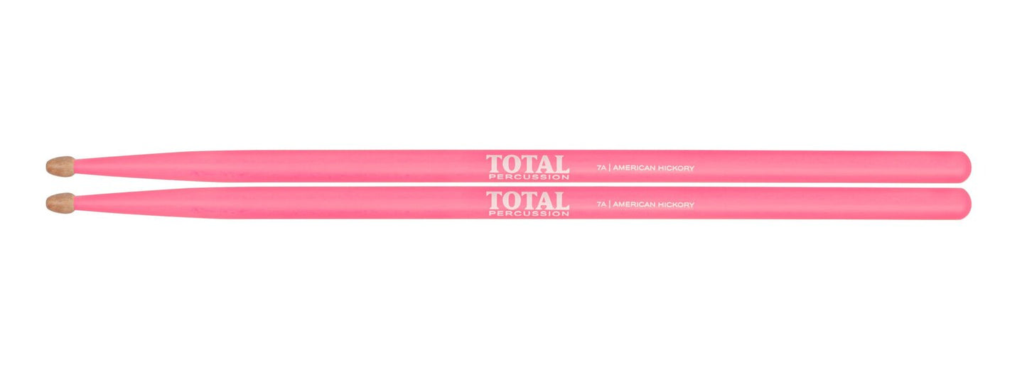 TOTAL PERCUSSION Fluorescent pink with natural tip. Drum Sticks. 7A Wood tip. — view 2