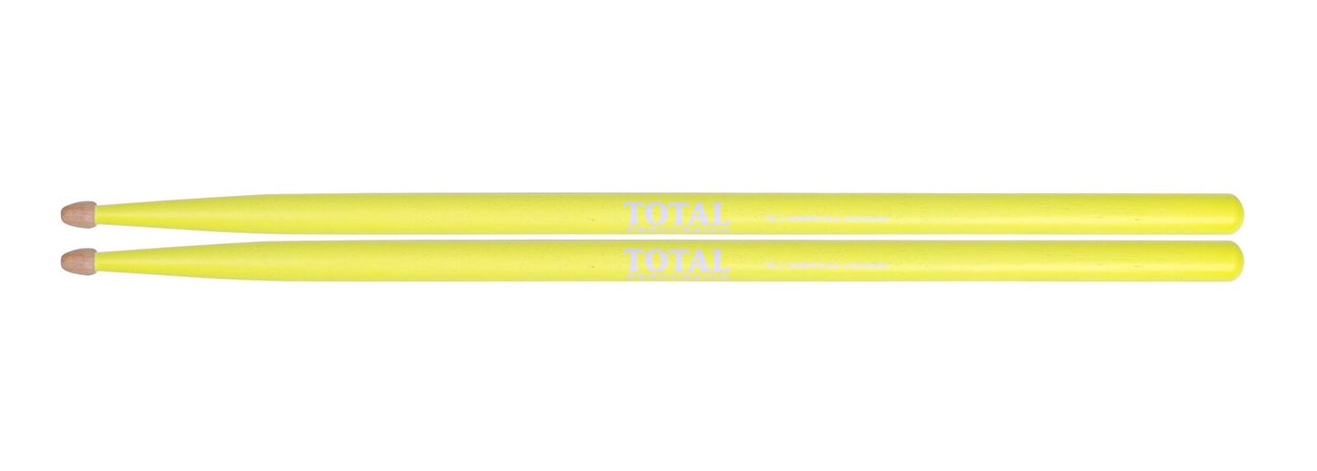 TOTAL PERCUSSION Fluorescent yellow with natural tip. Drum Sticks. 7A Wood tip. — view 2