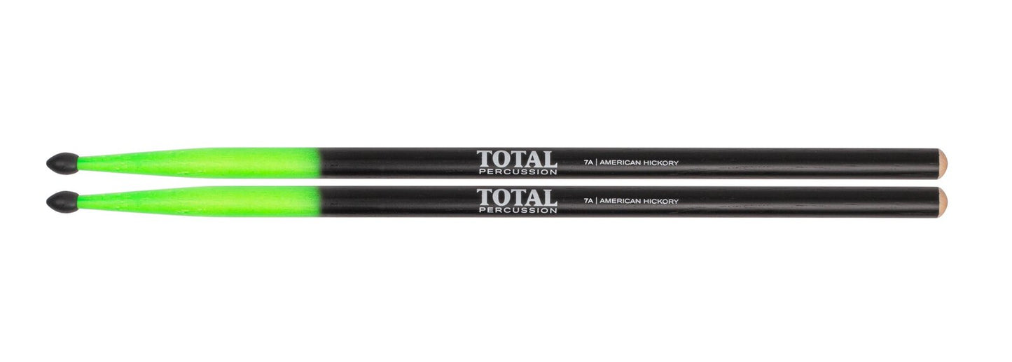 TOTAL PERCUSSION Black shading to green with black tip. Drum Sticks. 7A Nylon tip. — view 2