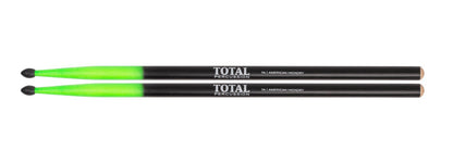 TOTAL PERCUSSION Black shading to green with black tip. Drum Sticks. 7A Nylon tip. — view 2