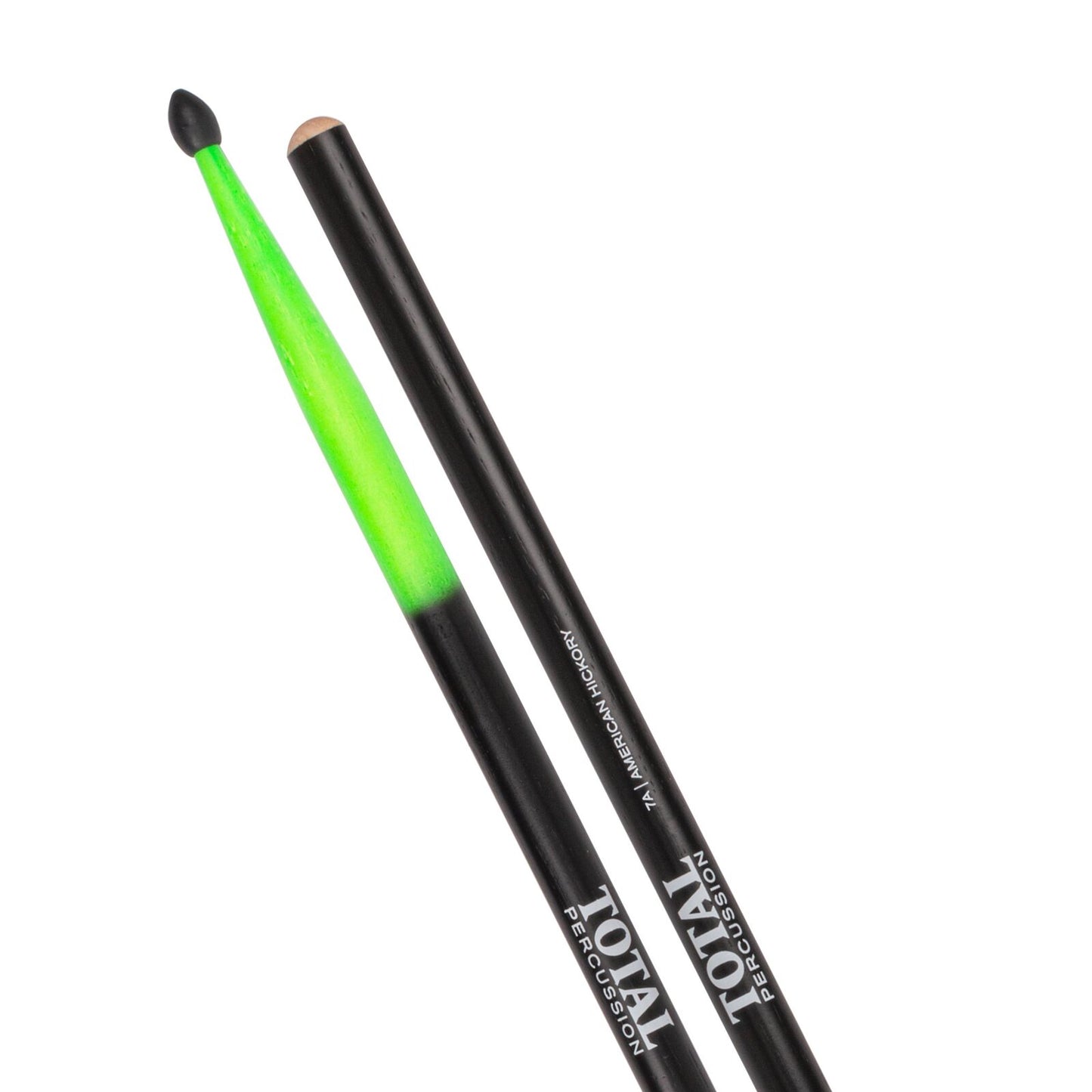 TOTAL PERCUSSION Black shading to green with black tip. Drum Sticks. 7A Nylon tip. — view 3