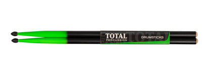 TOTAL PERCUSSION Black shading to green with black tip. Drum Sticks. 7A Nylon tip.