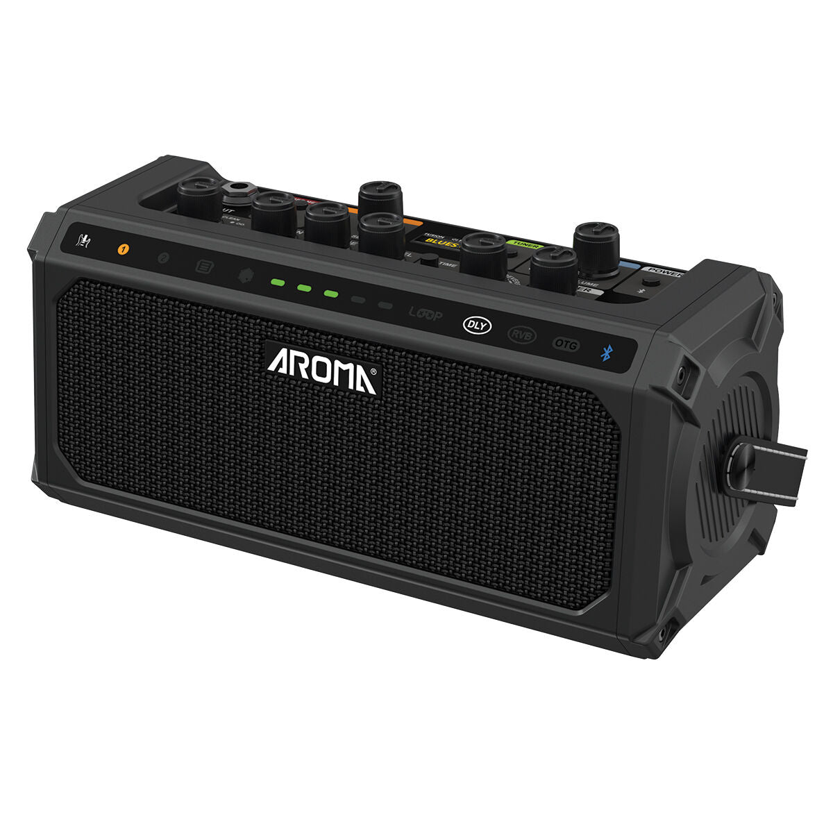 Aroma 10W Electric Guitar Amplifier with Drum Machine, Dual Footswitch, Bluetooth, Reverb, Delay, Loop Function, 30 Beats, Rechargeable Battery — view 3