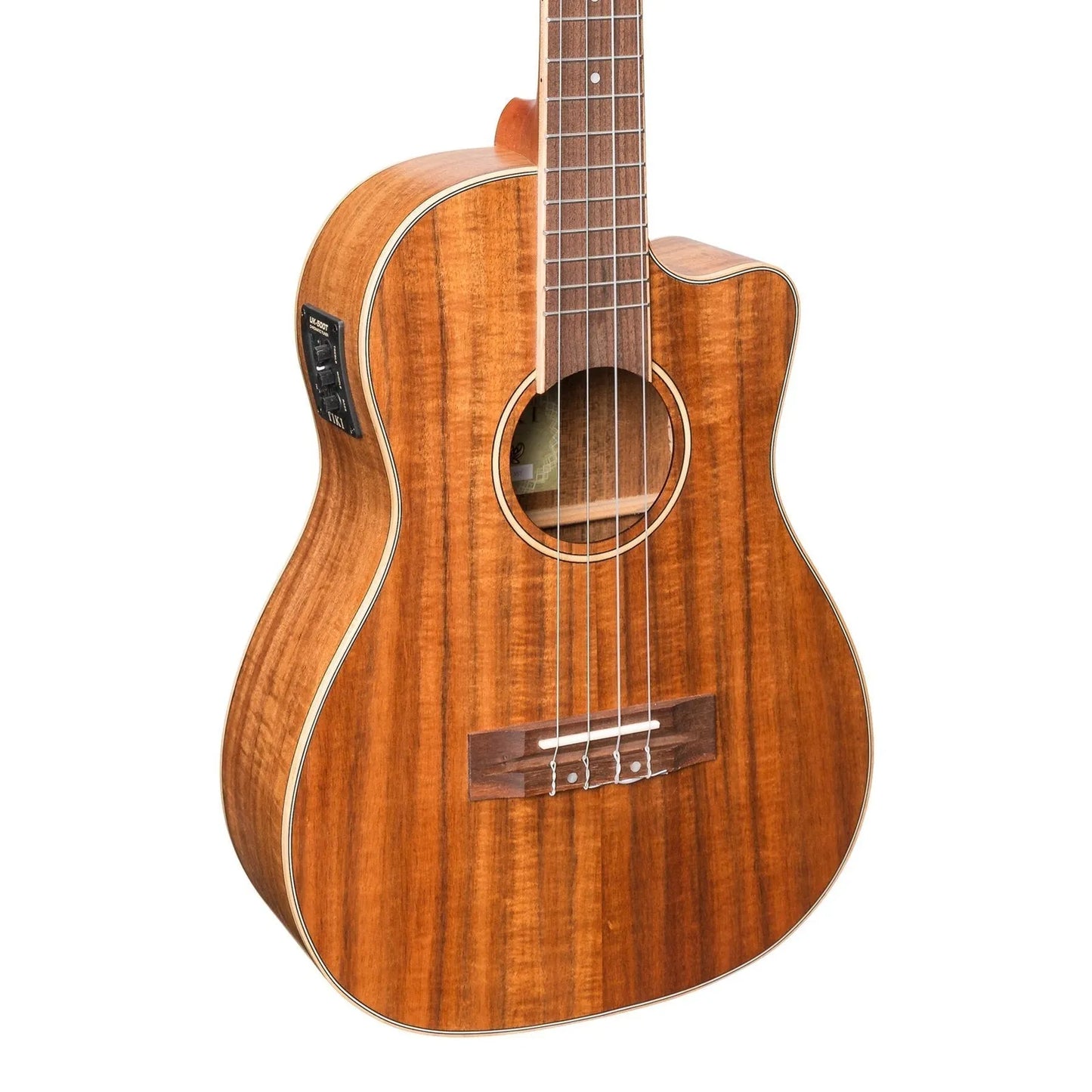 Tiki '9 Series' Koa Solid Top Electric Cutaway Baritone Ukulele with Hard Case Natural Satin — view 4
