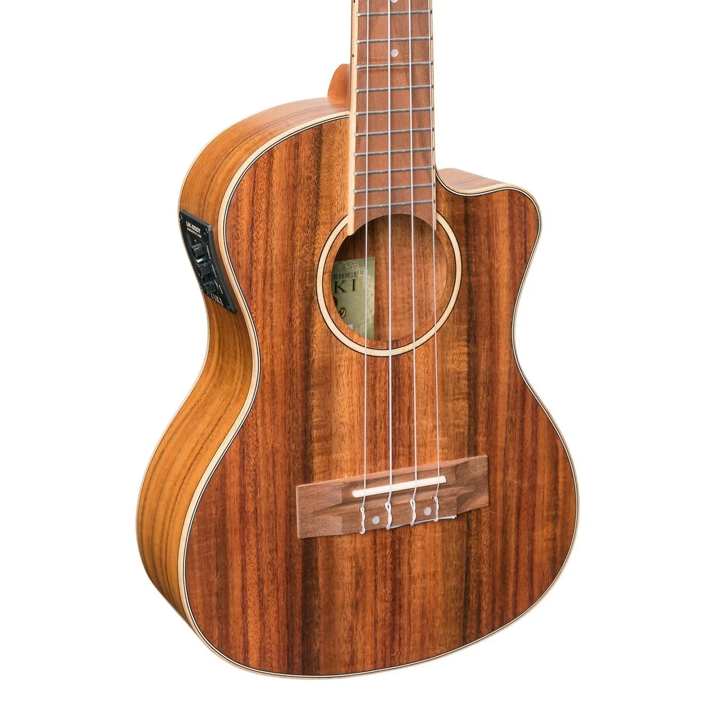 Tiki '9 Series' Koa Solid Top Electric Cutaway Tenor Ukulele with Hard Case Natural Satin — view 4