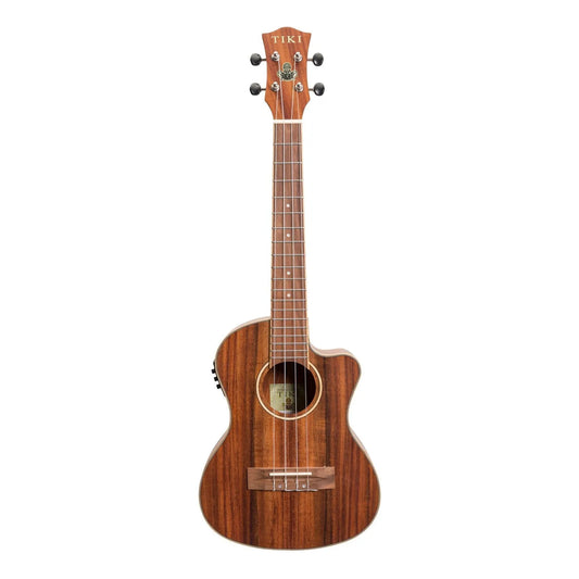 Tiki '9 Series' Koa Solid Top Electric Cutaway Tenor Ukulele with Hard Case Natural Satin