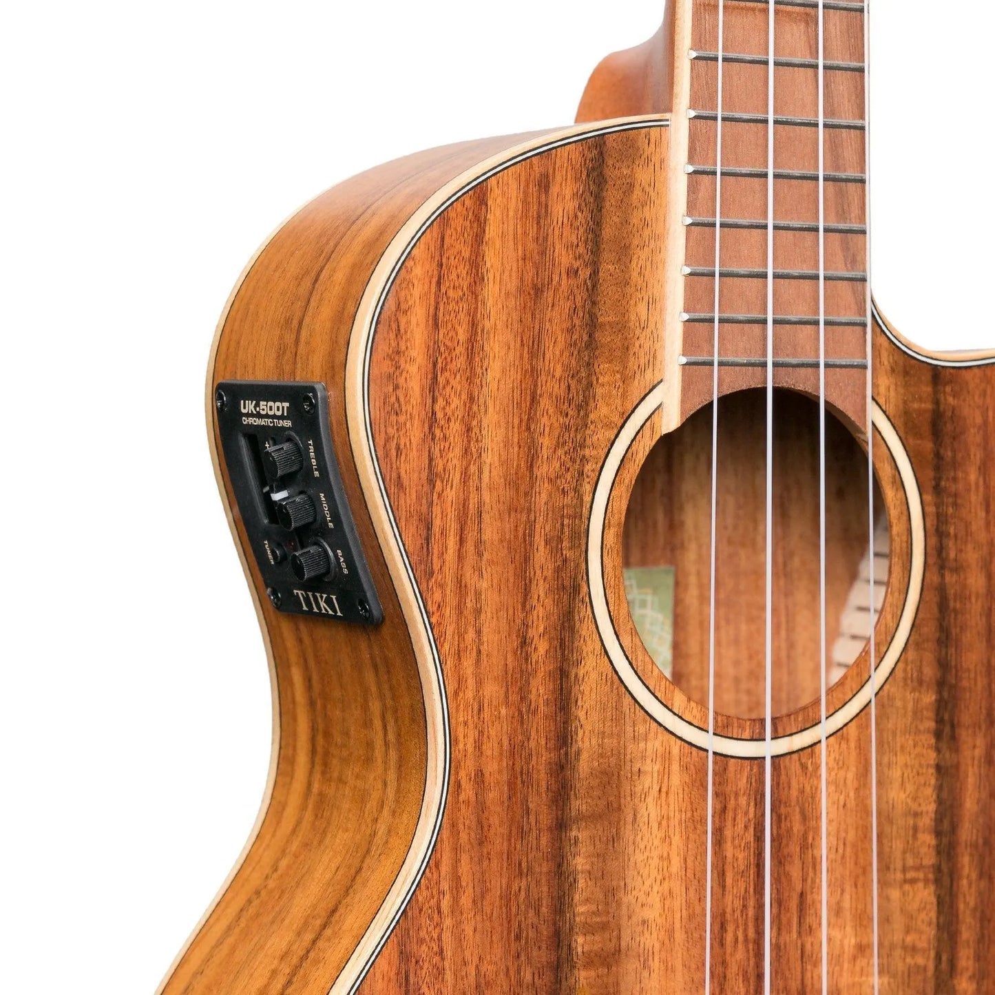 Tiki '9 Series' Koa Solid Top Electric Cutaway Tenor Ukulele with Hard Case Natural Satin — view 6