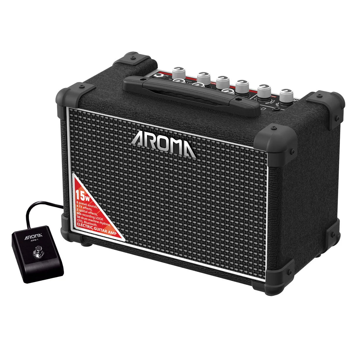 Aroma 15W Black Electric Guitar Amplifier with Footswitch and Drum Machine TM-15S