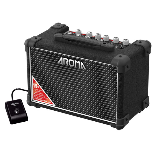 Aroma 15W Black Electric Guitar Amplifier with Footswitch and Drum Machine TM-15S