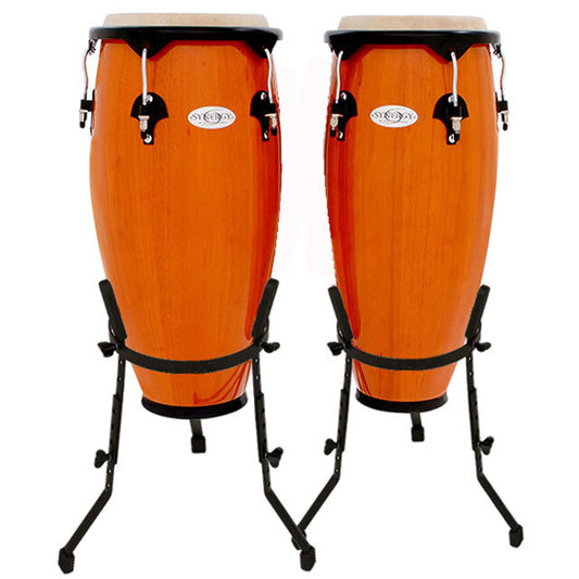 Toca Synergy Series 10 & 11" Wooden Conga Set in Amber with Natural Rawhide Heads and Stands
