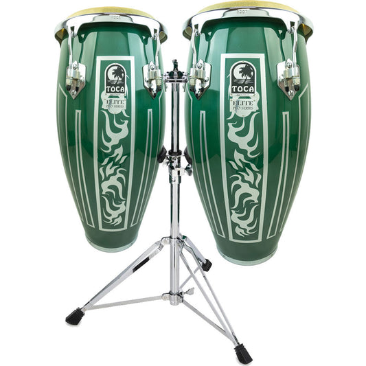 Toca 11 & 11"-3/4" Elite Pro Series Wooden Conga Set - Eldorado Green, Two-Ply Asian Oak, Double Stand, EasyPlay Hoops, Chrome Hardware