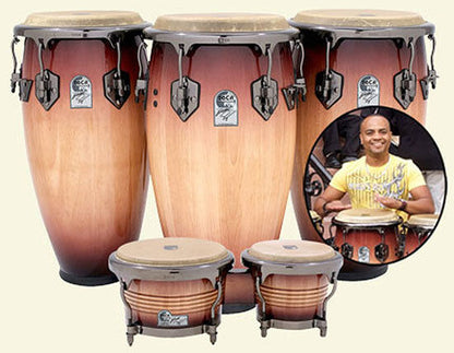Toca Signature Series 7 & 9" Eric Velez Wooden Bongos Sunburst with Steel Bottoms and Black Chrome Hardware — view 2
