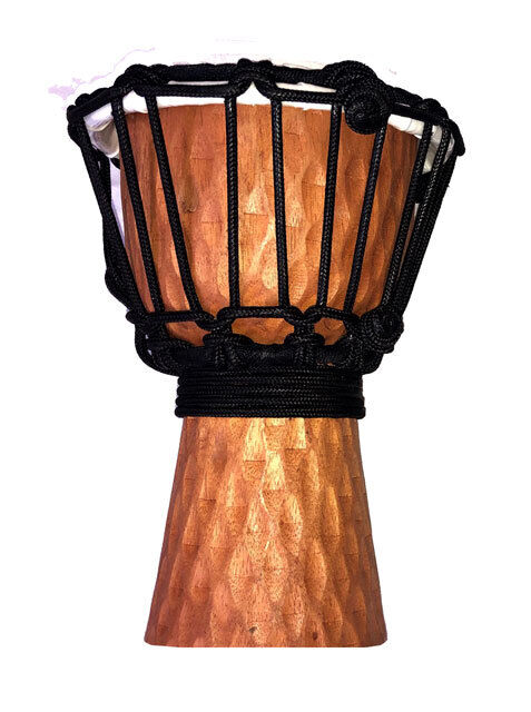 Toca 4" Mini Djembe in Carved Cherry Stain Design, Hand Carved Mahogany Wood, Synthetic Head, Lathe Turned, HTB Low-Stretch Rope
