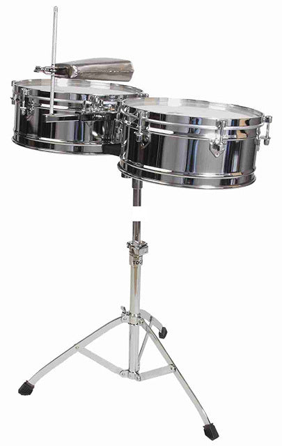 Toca Elite Series Timbale Set 14" & 15" Chrome with Stand and Adjustable Cowbell Post