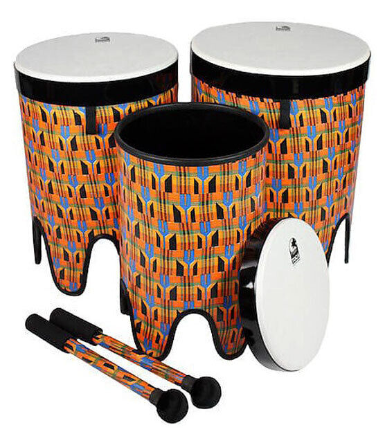 Toca Freestyle 2 Nesting Tom Toms in Kente Cloth - Set of 3, 12", 14", 16" with Removable Heads and Matching Mallets