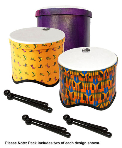 Toca Freestyle 2 Tom Tom Drums - 6 Pack with Woodstock Purple, Kente & Lizard Designs, 8" PVC Shells, 10" Synthetic Heads, Matching Mallets