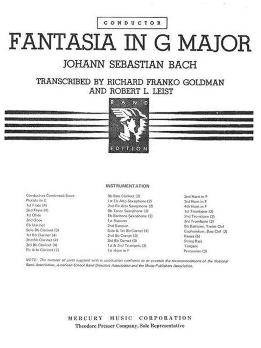 Bach - Fantasia in G Major for Wind Band, Arranged by Goldman and Leist, Published by Theodore Presser Company