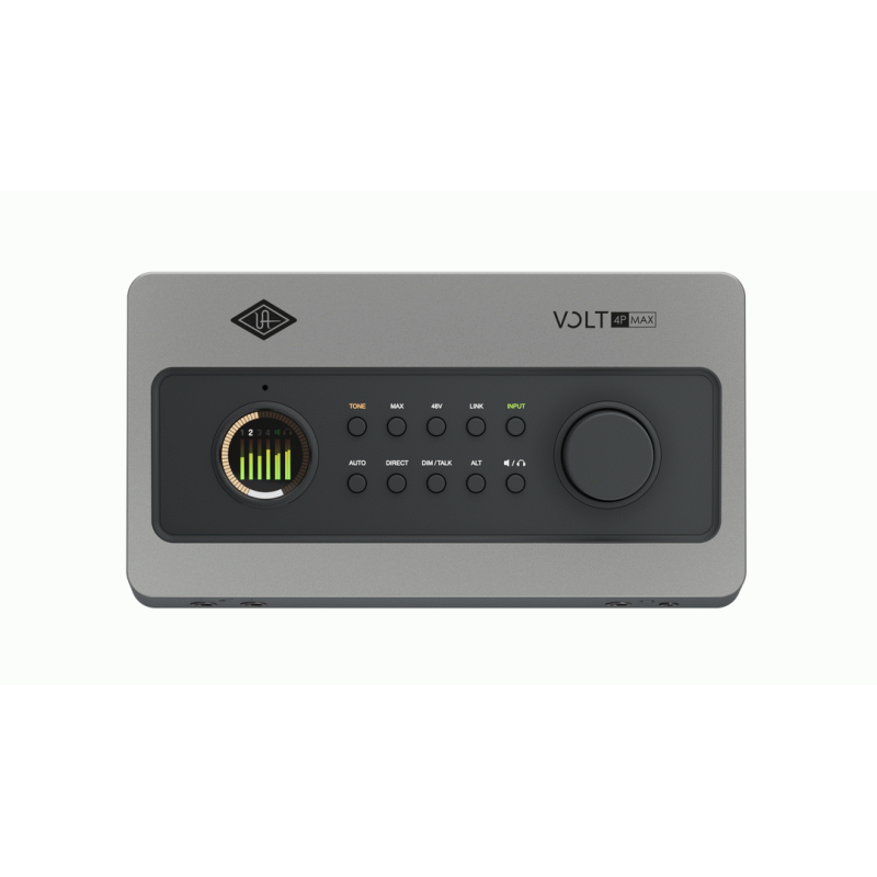 UA Volt 4P Max 12-in/6-out USB audio interface with 4 mic preamps, smart display, speaker switching, and max dynamics processing