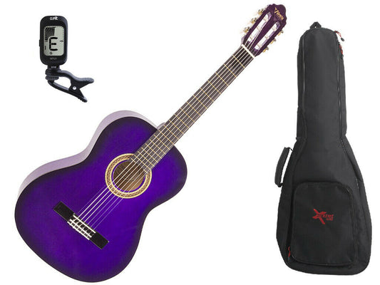 Valencia 3/4 Size Classical Guitar Pack Purple C/W Padded Bag & Clip On Tuner