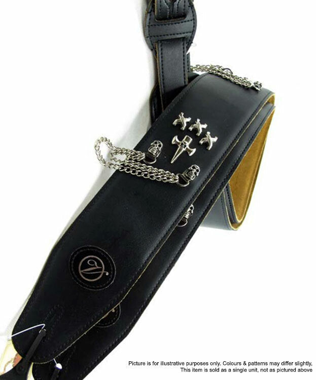 Vorson Black Leather Decorated Guitar Strap with Crosses, Chains & Skulls