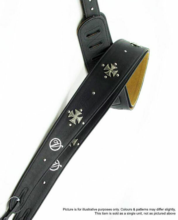 Vorson Black Leather Guitar Strap with Metal Iron Crosses Decorated