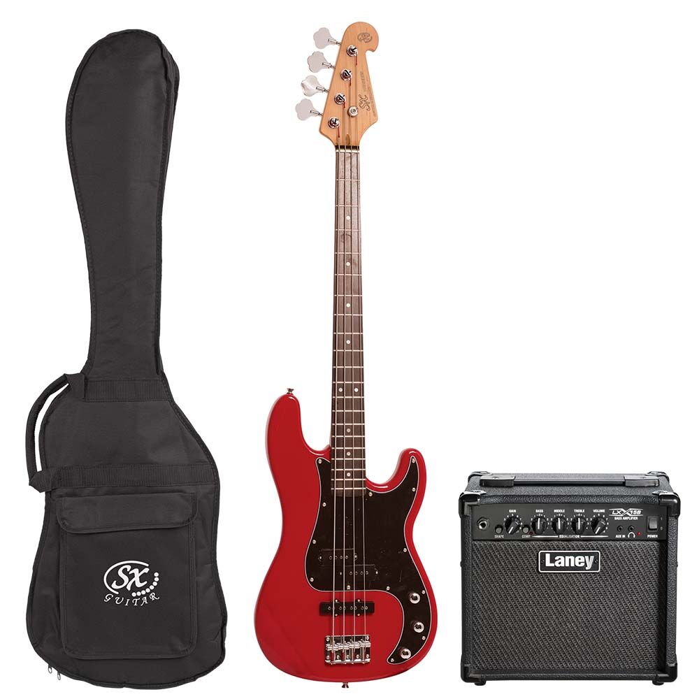 SX Vintage PJ Bass Guitar and Laney LX15B 15-Watt Amplifier Pack with Gig Bag and UPlay Guitar Guide — view 4