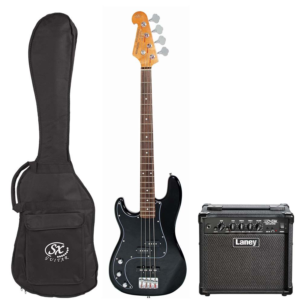 SX Vintage PJ Bass Guitar and Laney LX15B 15-Watt Amplifier Pack with Gig Bag and UPlay Guitar Guide — view 6