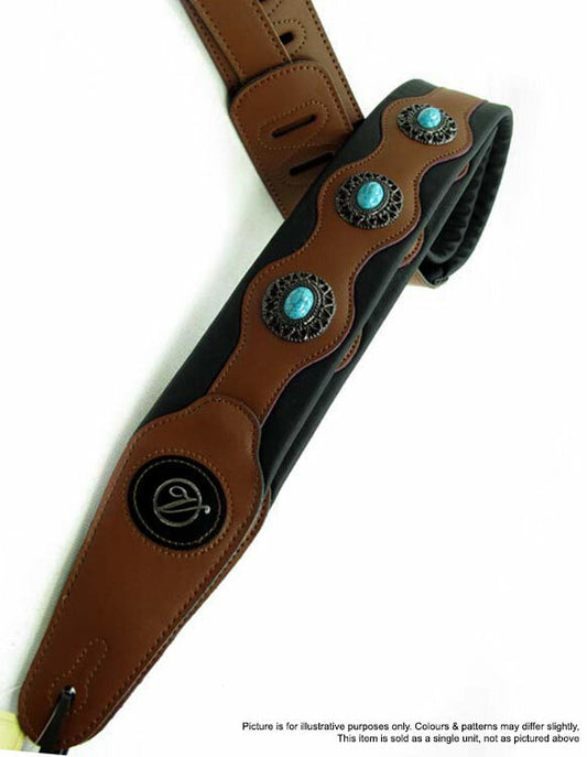 Vorson Decorated Black & Brown Leather Guitar Strap with Turquoise Conchos