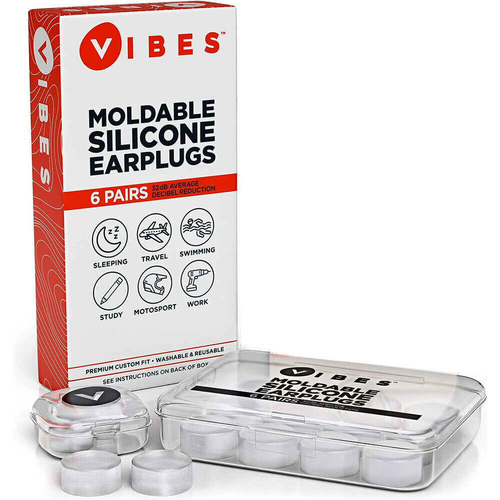 Vibes Moldable Silicone Earplugs with Reusable Case - 6 Pairs, Custom Fit, Noise Cancelling, Washable, Waterproof, Hearing Protection