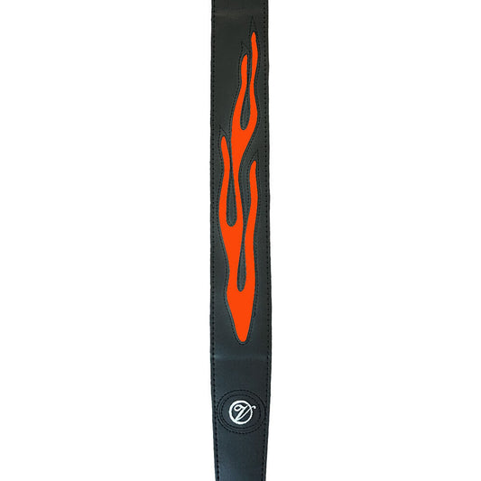 Vorson Black Leather Guitar Strap with Orange Flame Design