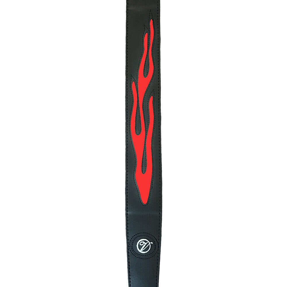 Vorson Black Leather Guitar Strap with Red Flame Design