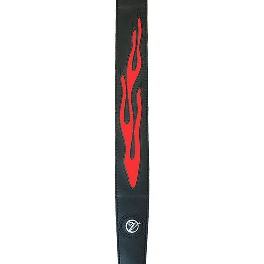 Vorson Black Leather Guitar Strap with Red Flame Design