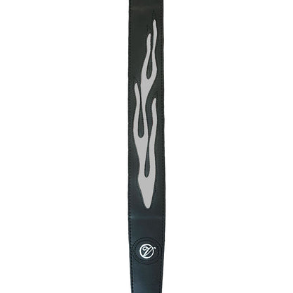 Vorson Black Leather Guitar Strap with Silver Flame Design