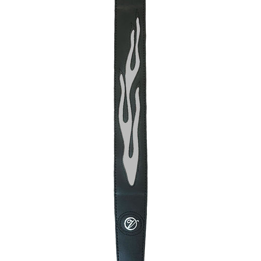 Vorson Black Leather Guitar Strap with Silver Flame Design