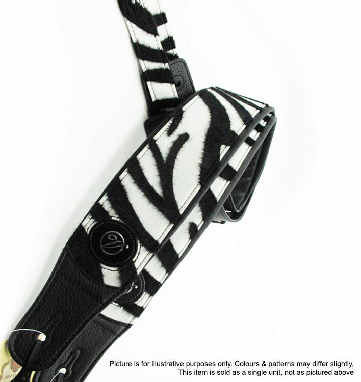 Vorson Black Leather Guitar Strap with Zebra Pattern Fur Fabric