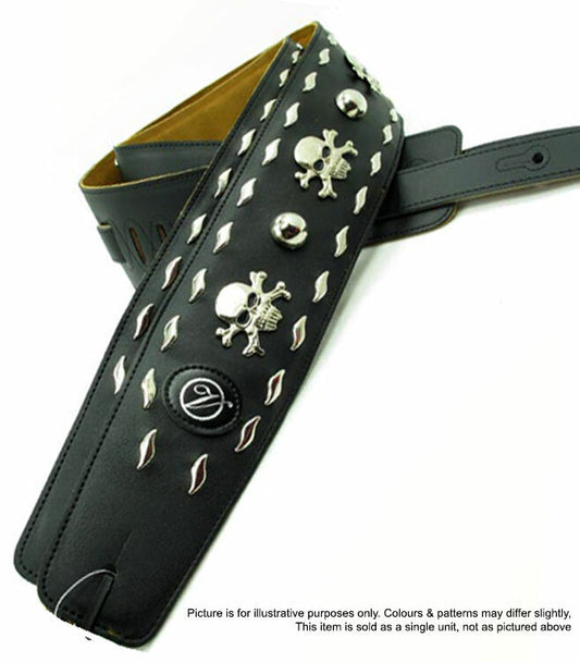 Vorson Black Leather Guitar Strap with Metal Skull and Bone Accents