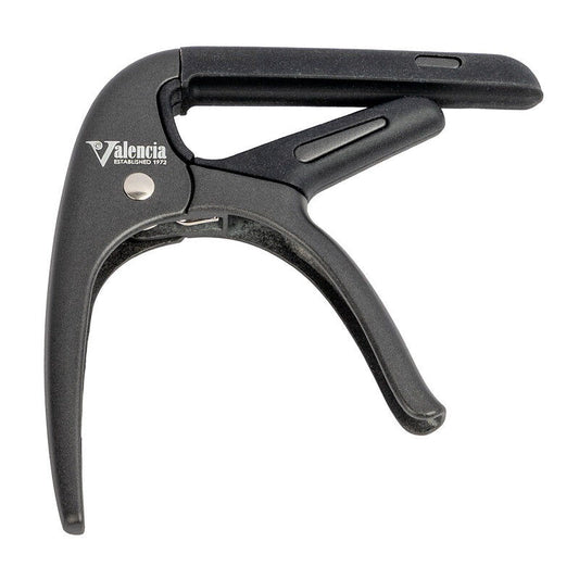 Valencia Trigger Style Capo for Classical Guitar - Black, Alloy with Silicone Pads, One-Hand Action, Fits Most Classical Guitars