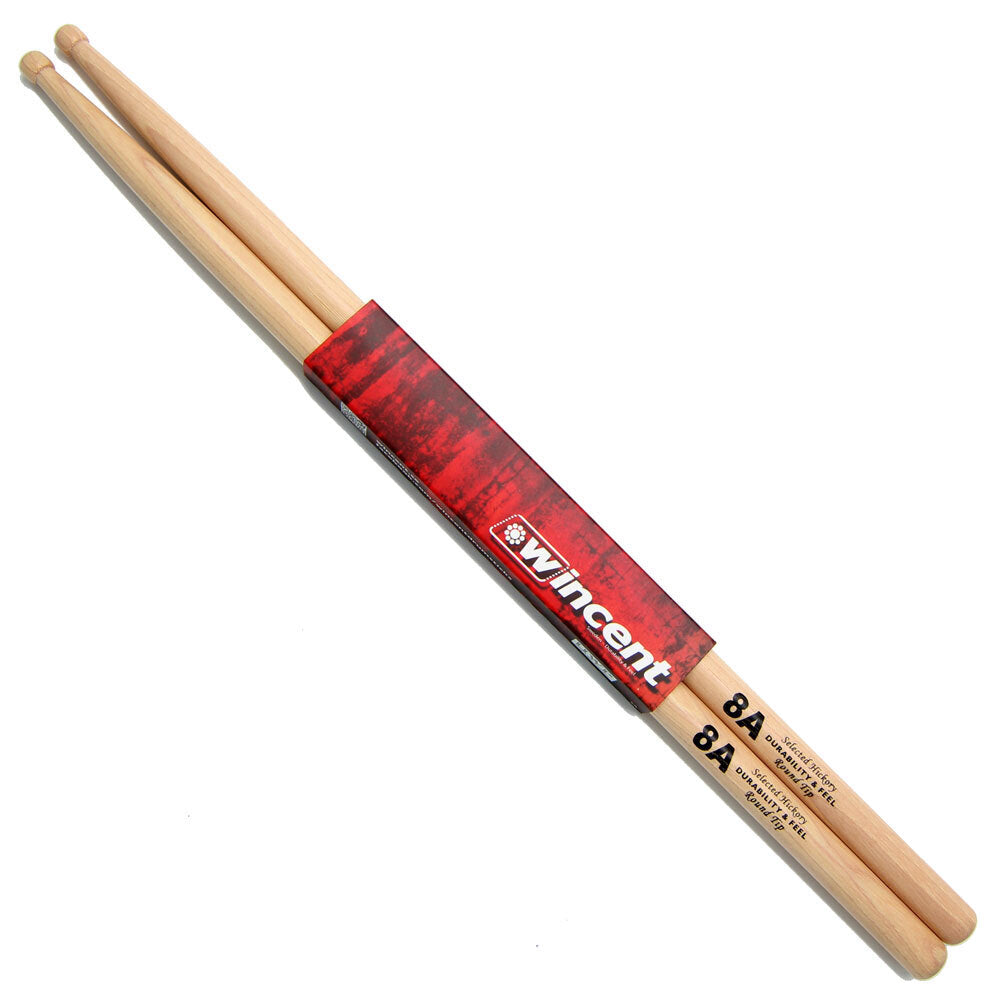 Wincent USA Hickory Round Wood Tip 8A Drum Sticks - 1 Pair, 16" Length, 0.551" Diameter, Unique Wax Protection, Designed for Clear Cymbal Sound