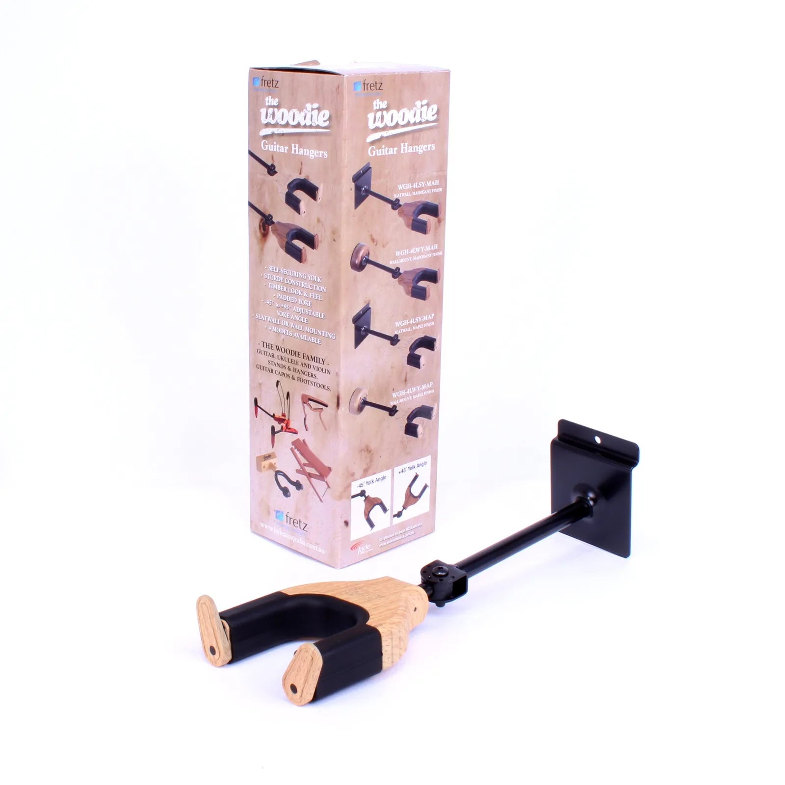 Fretz Woodie Long Self-Securing Slatwall Guitar Hanger with Rubber Yoke Support — view 2