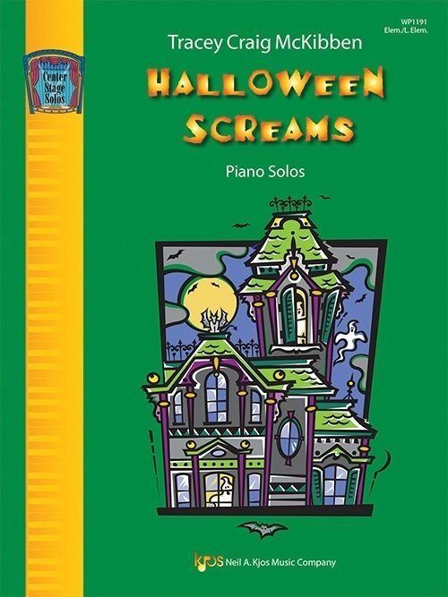 Halloween Screams Piano Solos by Tracey Craig McKibben, 24 pages, for elementary piano students, suitable for Halloween recitals.
