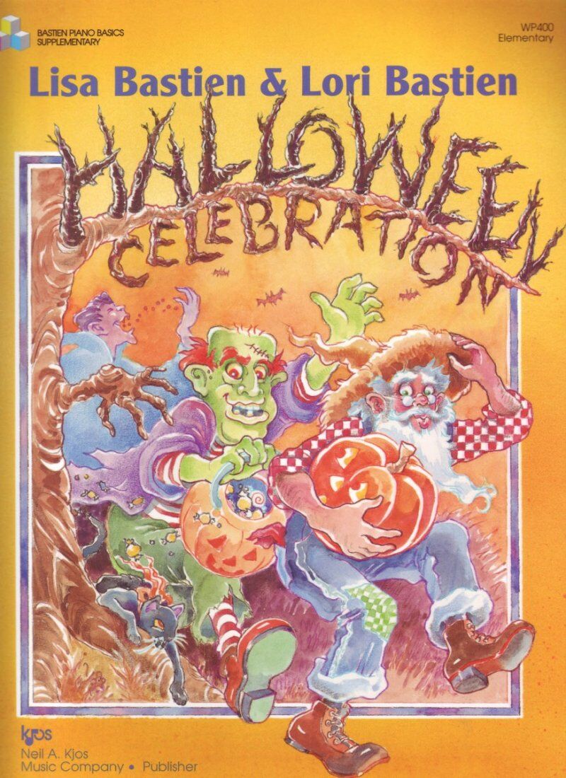 Halloween Celebration for Piano by Lisa and Lori Bastien, 24 pages, includes spooky tunes for level 1-2, ideal for parties and recitals.
