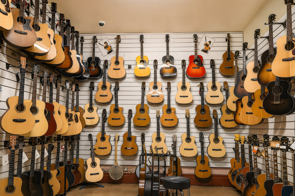 Scarlett Music's guitar wall at the Footscray showroom