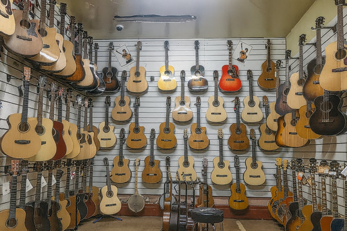 Scarlett Music's guitar wall at the Footscray showroom
